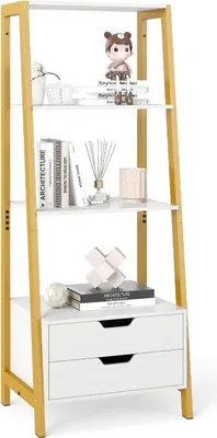 Image de Bibliothèque échelle autoportante, 134 cm, 4 étagères, 2 tiroirs