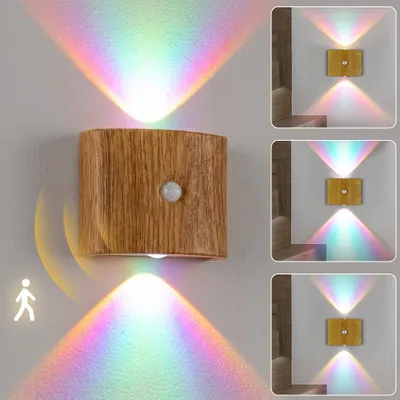 Produktbild von LED Nachtlicht mit Bewegungsmelder Akku Wandlampe Holz Design Kabellos Ohne Bohren Magnetische Wandleuchte USB-C Aufladbar Nachtlicht Treppenlicht Flurleuchte Schranklicht