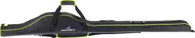 A black fishing rod bag with green trim, shown against a white background.