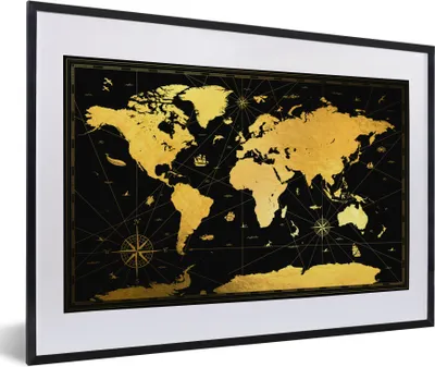 Produktbild von MuchoWow® Gerahmtes Poster Weltkarte - Gold - Schwarz - Luxus 60x40 cm - Poster mit Schwarzem Bilderrahmen Wandposter Rahmen Foto Bilder - Schlafzimmer - Plakat in Rahmen - Drucken