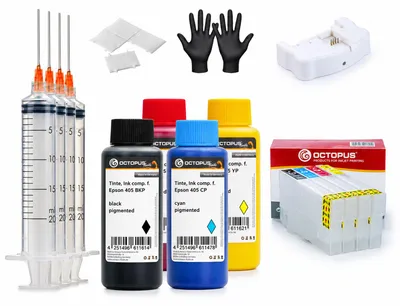 Zdjęcie produktu dla Wkłady do ponownego napełniania Fill In i QuickFill do drukarki Epson 405 wraz z urządzeniem do resetowania chipów i atramentem 4 x 100 ml