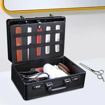 Produktbild von Schwarzer Friseurkoffer als tragbare Aufbewahrungsbox für Scheren, Haarschneidemaschinen, Kämme und Bürsten