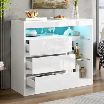 Produktbild von STILVORA Sideboard mit 3 Schubladen und LED-Beleuchtung, Kommode mit Glasböden und Stauraum, Aufbewahrungsschrank in Hochglanz, Weiß