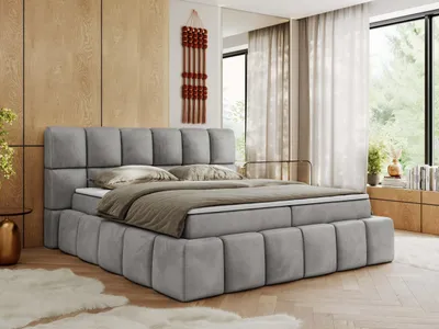 Produktbild von MKS MEBLE Boxspringbett, Doppelbett NIRA mit dekorativem Kopfteil, Multipocket-Matratze und Topper, Polsterbett mit Bettkästen - 160 x 200 cm - H3 - Hellgrau Velvet