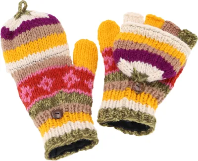 Produktbild von Handgestrickte Handschuhe, Klapphandschuhe Nepal, Wollhandschuhe - Gelb/bunt, Uni, Mehrfarbig, Wolle, Handschuhe & Handstulpen