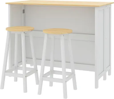 Productafbeelding van Keukeneiland met krukken - Bar set - Eten en opbergen - Inklapbaar werkblad - 110 cm breed - Wit