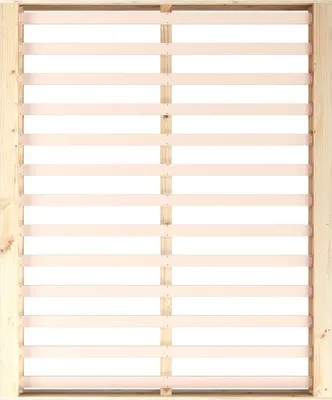 A wooden bed frame with slats, viewed from the front.