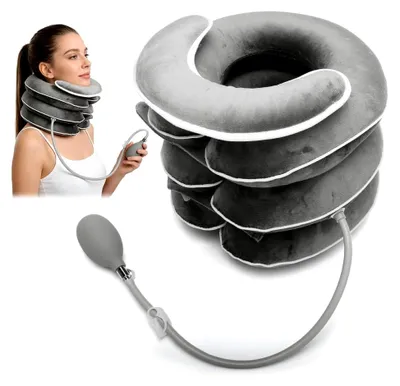 Produktbild von Nackenstrecker, Aufblasbares Nackenkissen mit 3-Schichten-Design, Verstellbare Halskrause, Tragbarer Nackendehner für Zuhause und unterwegs