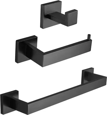 Produktbild von 3-teiliges Badezimmer-Hardware-Set,schwarz,Wandmontage,Badezimmer-Zubehör-Set,SUS304,Edelstahl,40,6 cm,quadratischer Handtuchhalter,Bademantelhaken