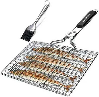 Produktbild von Fisch-Grillkorb, faltbar, tragbarer Edelstahl-Grillkorb für Fischgemüse, Garnelen mit abnehmbarem Griff, mit Backpinsel und Aufbewahrungstasche (Tipo 1)