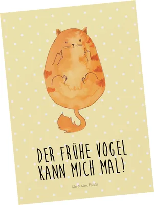 Produktbild von Mr. & Mrs. Panda Postkarte Katze Frühaufsteher - Gelb Pastell - Geschenk, Katzen, Ansichtskarte, kunstkarte, Ansichtskarten, Genervt, Grußkarte, Postkarten, Verschlafen