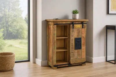 Produktbild von Sideboard Libro IV, Mangoholz massiv + bunt, Kommode mit Holzschiebetür, 2 Schubladen & 4 offenen Fächern, Griffe, Türelemente & Reling aus Eisen, 75 x 90 x 36 cm, Shabby Chic