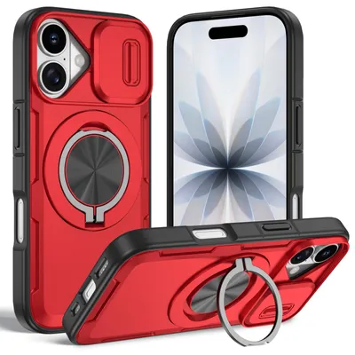 Produktbild von Magnetische Hülle für iPhone 17, Militär Stoßfest Handyhülle mit Kameraschutz und Ringhalter Ständer Rot