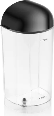 A clear studio shot of a coffee machine water tank with a black lid.