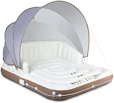 Produktbild von FANTASK Luxus-Inselbett XXL, Aufblasbare Schwimminsel mit einziehbarer & Abnehmbarer Überdachung, Badeinsel mit 2 Getränkehaltern 180 x180 x160 cm, Weiß, Braun, Silber