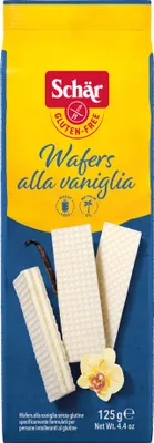 Produktbild von Dr. Schär Wafers alla vaniglia, Wafer Keks, Vanillin, Rechteck, Kartoffelstärke , Zucker , Kokosöl , Magermilchpulver , Reismehl , Molkenpulver (Milch) ,..., 518 kcal, 2169 kJ