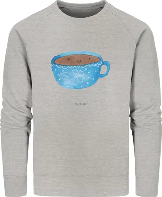 Produktbild von Mr. & Mrs. Panda Bio Baumwoll Pullover Kaffee Tasse Größe M - Heather Grey - Geschenk, Lustige Sprüche, Genuss, Liebe, Rundhals, Geschmack, Sweatshirt, Sweater, Pulli