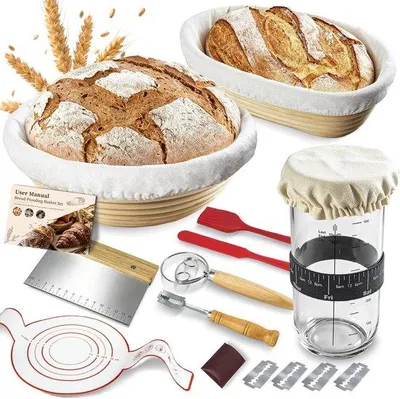 Productafbeelding van Complete Zuurdesem Starterset - 700 ml Zuurdesemglas, Ronde & Ovale Gistmand, Deegsnijder, Siliconen Bakaccessoires voor Hobbybakkers &