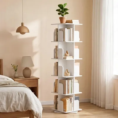 Immagine prodotto di Libreria girevole a 360°, bianca, con 5 ripiani, ideale per soggiorno, studio o ufficio