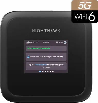A black Netgear Nighthawk M3 5G mobile hotspot is shown from the front, displaying its screen with connection information.