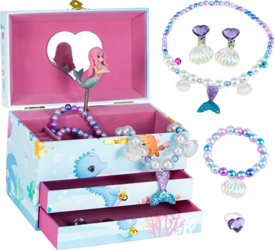 Produktbild von AdelDream Musik-Aufbewahrungsbox, drehbare Meerjungfrau,(5-teiliges Schmuckset) Muschel-Halskette, Armband, Ring und Ohrringe, Musik-Schmuckkästchen, Kindergeschenk