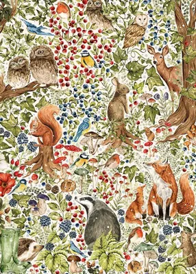 A whimsical illustration of various woodland animals and flora, including squirrels, foxes, owls, deer, badgers, hedgehogs, birds, berries, and mushrooms, set against a white background.