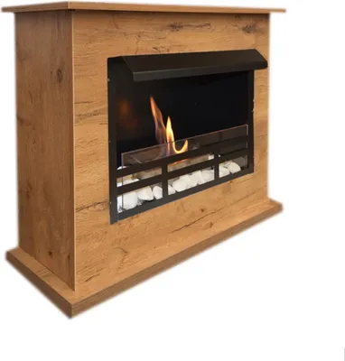 A freestanding ethanol or gel fireplace with a wood-effect finish.