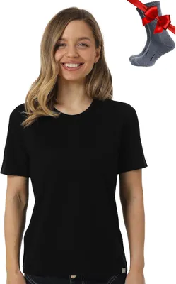 Productafbeelding van Merinowol T-shirt voor dames met ronde hals, zwart, inclusief Wollen wandelsokken