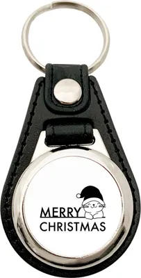Produktbild von Huuraa Schlüsselanhänger Merry Christmas Katze Metall mit Kunstleder Schlüsselring Einkaufswagenchip Geschenkidee