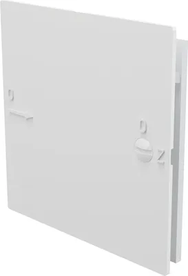 A white access door for a bathtub, shown at an angle.