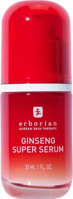 A product shot of a red bottle of Erborian Ginseng Super Serum.