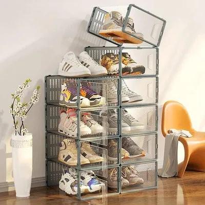 Immagine prodotto di Set di scatole trasparenti impilabili per scarpe, con coperchio (grigio)