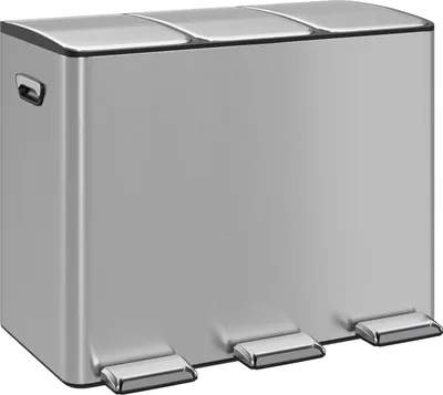 Produktbild von WELLGRO Treteimer in Silber – Edelstahl Mülleimer mit 3 x 15 Liter, Fußpedalen, Absenkautomatik & Tragegriffen