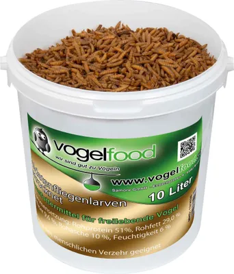 A white bucket filled with dried soldier fly larvae, with a label showing product information.