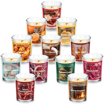 Immagine prodotto di Candele profumate in vetro, set regalo natalizio, 12 profumi natalizi, cera di soia, candele per aromaterapia