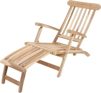 A wooden deckchair with an adjustable leg rest, shown on a white background.