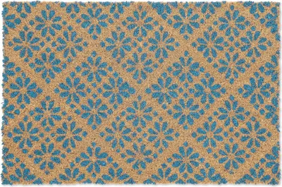Produktbild von Relaxdays Fußmatte aus Kokos, florales Design, Türmatte für außen & innen, gummierte Kokosmatte 60x40 cm, blau/natur