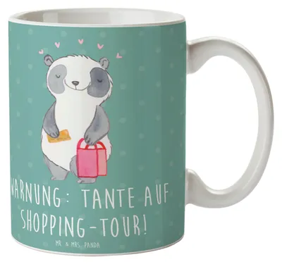 Produktbild von Mr. & Mrs. Panda Teetasse Tante Shopping - Meeresbrise - Geschenk, Geburtstage, Neffe, Familie, Kaffeetasse, schöne tasse, handgemacht, Geschenke, Kaffeebecher, Humor
