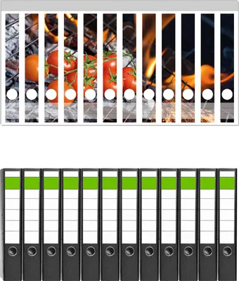 Produktbild von Wallario 12 Stück schmale Ordner inkl. Klebeetiketten mit Motive Tomaten und Steak auf einem Grill -  Set mit Rückenschildern / Ordnerrücken Stickern