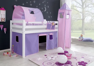 Produktbild von Halbhohes Einzelbett Alex Buche massiv 90x200 cm Weiß lackiert mit Stoff-Set