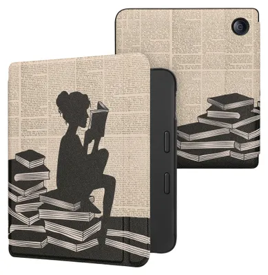 Produktbild von kwmobile Schutzhülle für Tolino Vision 6 Hülle - eReader Flip Case mit Auto Sleep Funktion - Lesende Frau mit Schwarz Beige