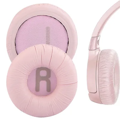 A set of pink ear pads for headphones, with one headphone earpiece visible from the side.