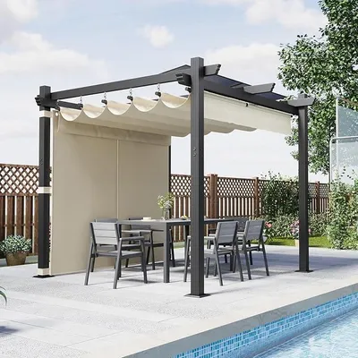 Produktbild von Aluminium Pergola mit Schiebedach, Verstellbarer Schattenfläche, UV-Schutz 50+, Pavillon 3x3 wasserdicht stabil Winterfest, Grillpavillon Metall für Gärten und Terrassen, Beige.