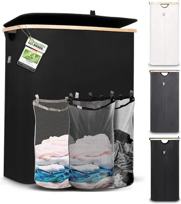 Image de Bac à linge 150 litres - panier à linge avec 3 compartiments - bambou noir