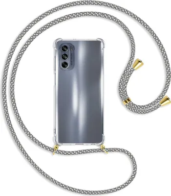 Produktbild von Handykette Backcover-Schutzhülle mit Band (Metall goldfarben) für Motorola Moto G62 5G (6.5'') - weiß/grau kariert