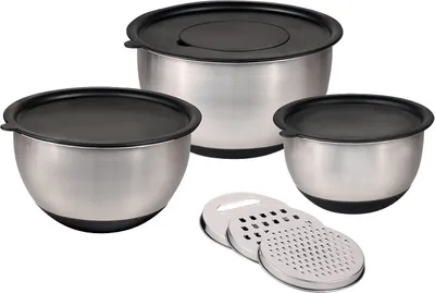 Produktbild von KESPER Rührschüssel-Set 3-tlg. – Edelstahl – inkl. 3 Deckel & 3 Reibeinsätze – mit rutschfestem Silikonboden – Ø 18/22/26 cm – 90899