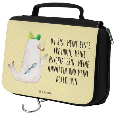 Produktbild von Mr. & Mrs. Panda Kulturtasche Robbe Sherlock - Gelb Pastell - Geschenk, duschbeutel, Make-Up Tasche, kulturtäschchen, badtasche, Reisebeutel, Lustige Sprüche