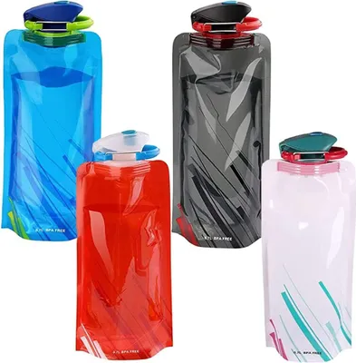 Produktbild von 4 Stück faltbare Wasserflaschen, faltbare flexible Wasserflaschen, Wasserflasche, faltbare Wasserflasche für Wandern, Abenteuer, Reisen, 700ml