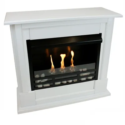 A white ethanol fireplace with flames visible inside.