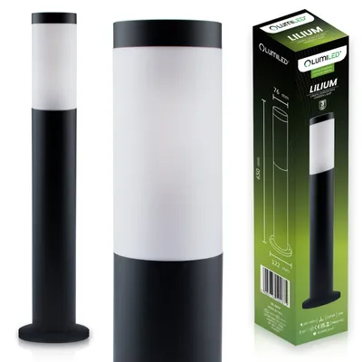 A product shot of a black and white outdoor lamp and its packaging.